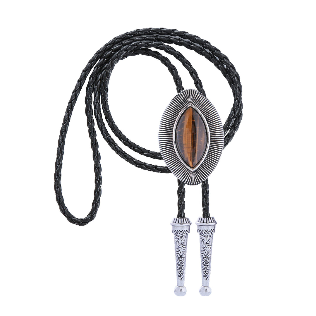 Vintage Antique Twisted Border Oval Cat Eye Stone Bolo Tie - image 13