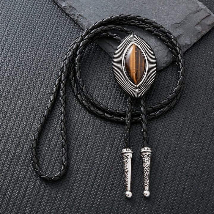 Vintage Antique Twisted Border Oval Cat Eye Stone Bolo Tie - Tiger Eye Stone - image 0