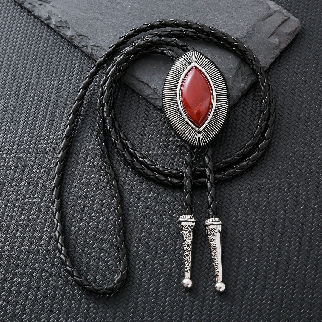 Vintage Antique Twisted Border Oval Cat Eye Stone Bolo Tie - Red Jasper - image 1