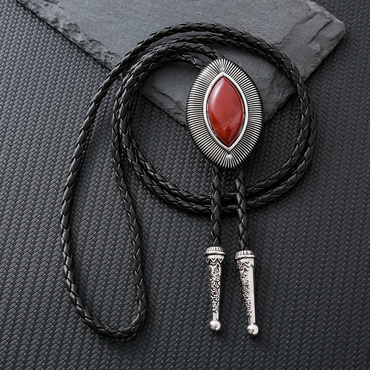 Vintage Antique Twisted Border Oval Cat Eye Stone Bolo Tie - Red Jasper - image 1