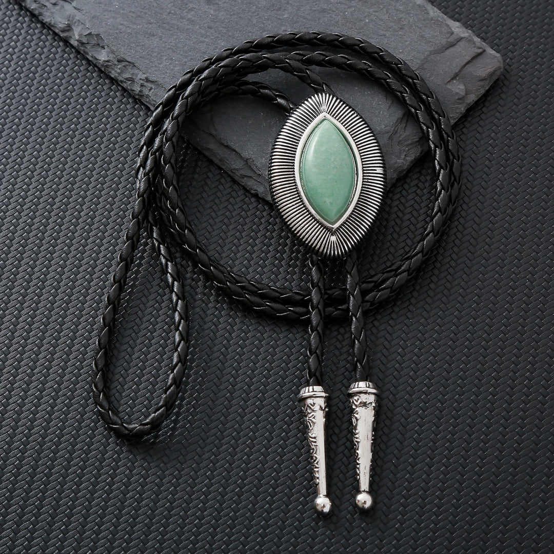 Vintage Antique Twisted Border Oval Cat Eye Stone Bolo Tie - Light Jade Green - image 2