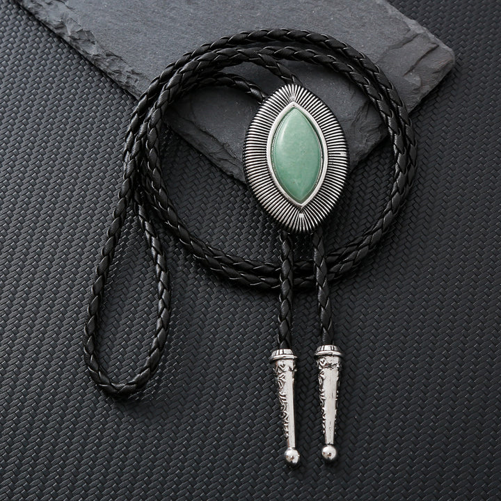 Vintage Antique Twisted Border Oval Cat Eye Stone Bolo Tie - Light Jade Green - image 2