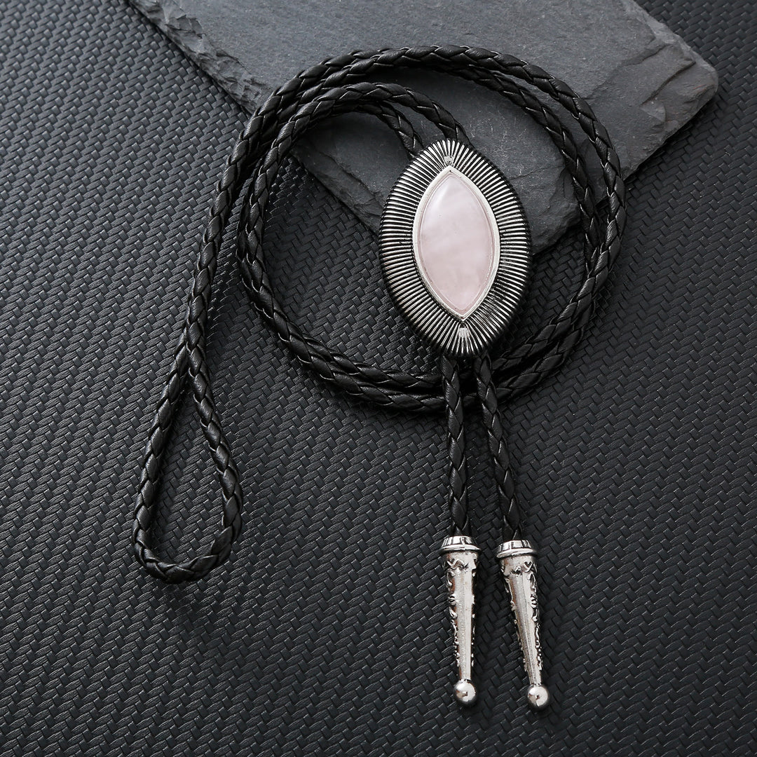 Vintage Antique Twisted Border Oval Cat Eye Stone Bolo Tie - Pink - image 4