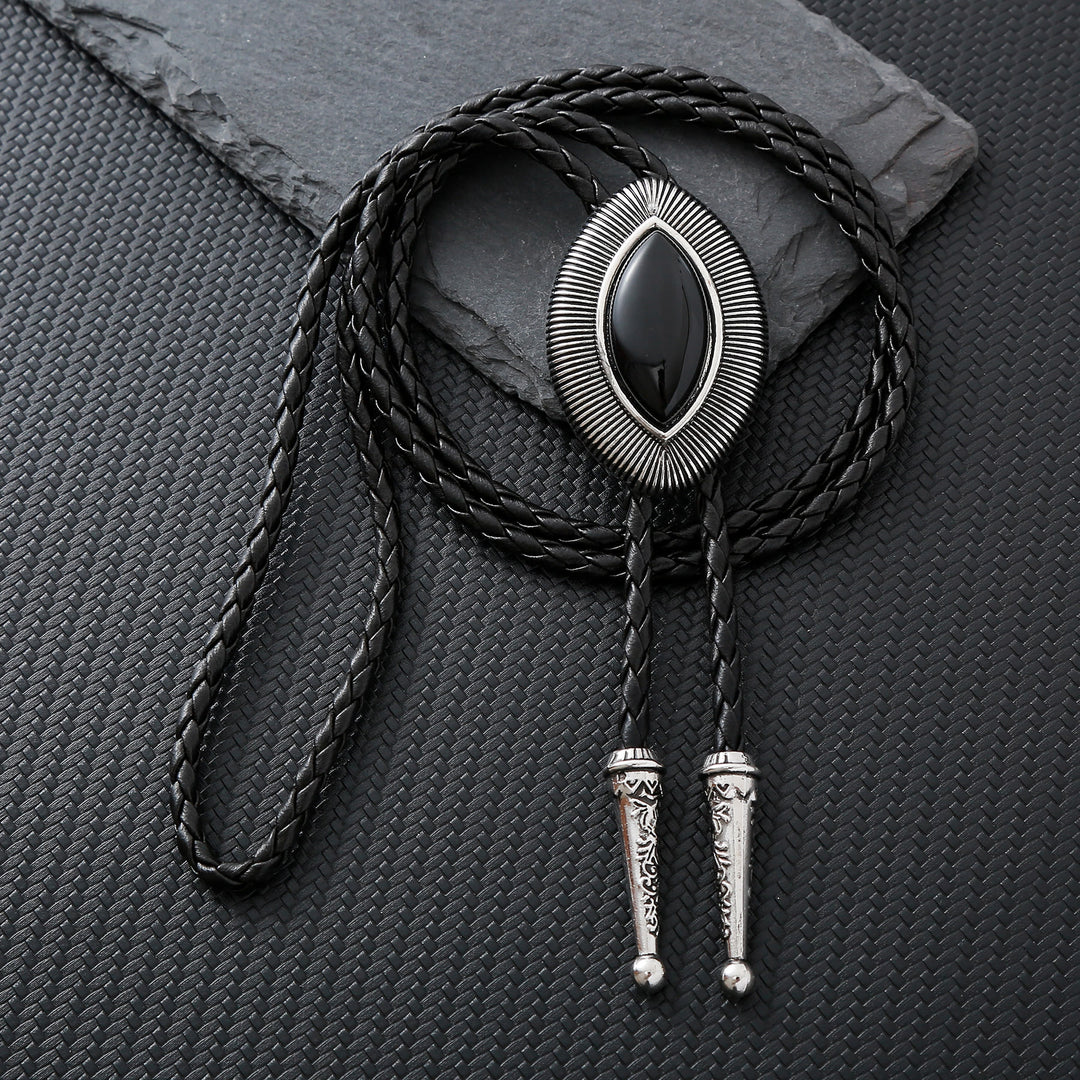 Vintage Antique Twisted Border Oval Cat Eye Stone Bolo Tie - Black Onyx - image 9