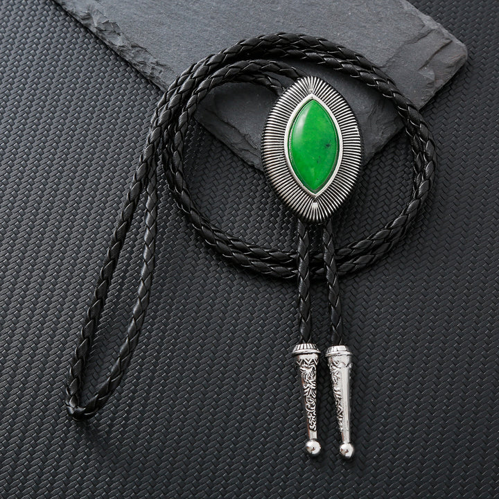Vintage Antique Twisted Border Oval Cat Eye Stone Bolo Tie - Emerald Jade Green - image 8