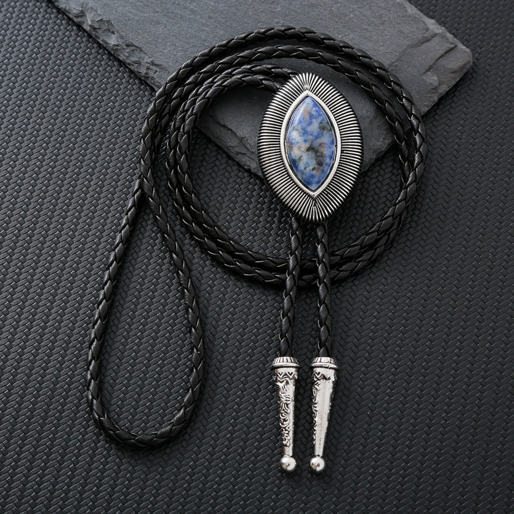 Vintage Antique Twisted Border Oval Cat Eye Stone Bolo Tie - Blue Sodalite - image 6