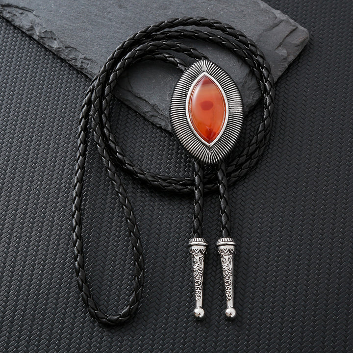 Vintage Antique Twisted Border Oval Cat Eye Stone Bolo Tie - Red Agate - image 7