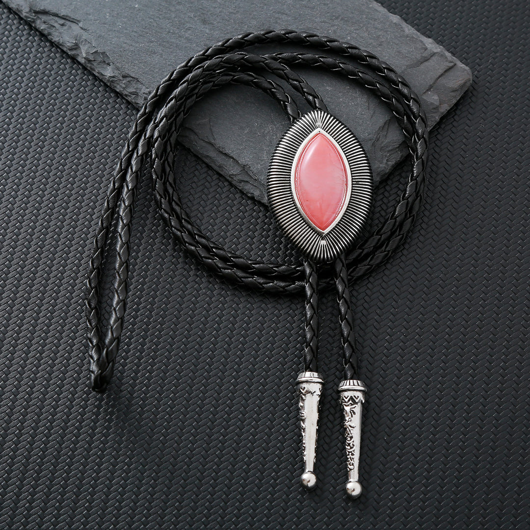 Vintage Antique Twisted Border Oval Cat Eye Stone Bolo Tie - Coral Pink - image 5