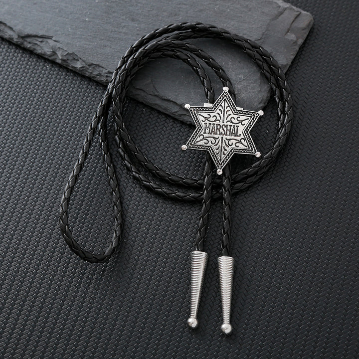 Vintage Western Marshal Hexagram Star Badge Bolo Tie - Silver - image 0