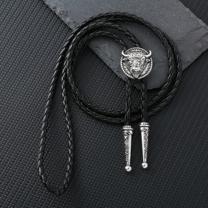 Buffalo Head Medallion Old West Bolo Tie - Silver - image 5