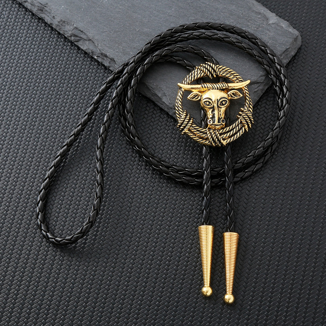 Rodeo Longhorn Bull Rope Wreath Rock Style Bolo Tie - Gold - image 0