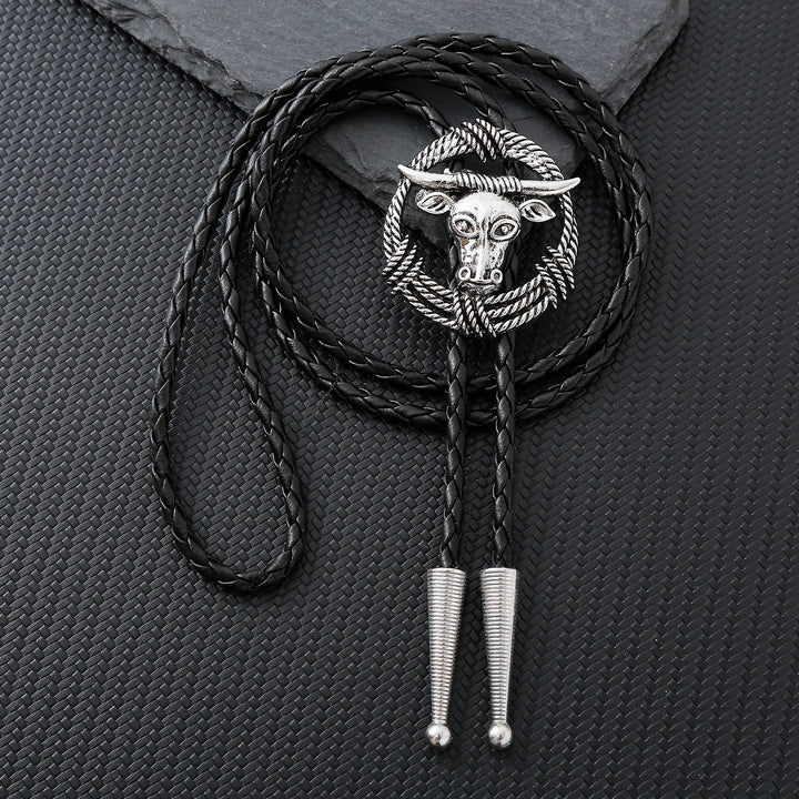 Rodeo Longhorn Bull Rope Wreath Rock Style Bolo Tie - Silver - image 6