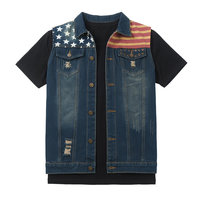 Men's American Flag Distressed Slim Fit Korean Style Denim Vest - image 8