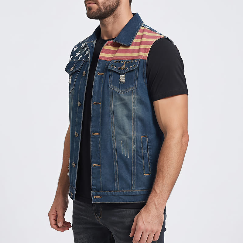 Men's American Flag Distressed Slim Fit Korean Style Denim Vest - image 3