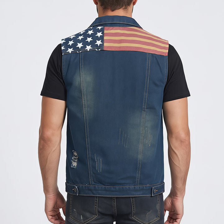 Men's American Flag Distressed Slim Fit Korean Style Denim Vest - image 2