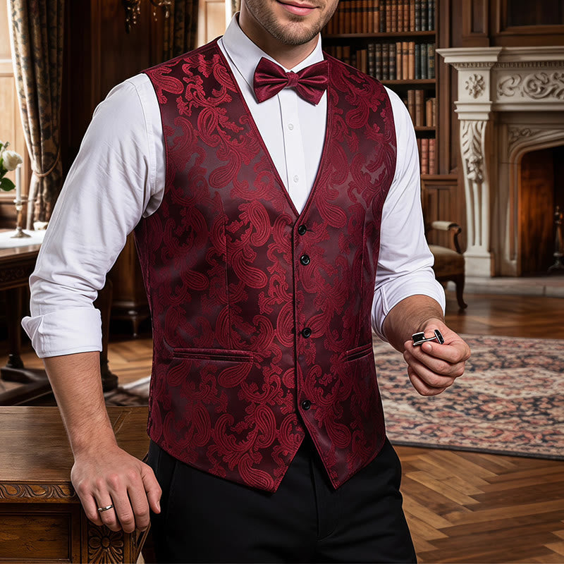 Men's 2Pcs Shiny Paisley Pattern With Bow Tie Suit Vest With Bow Tie - Wine - S - image 6