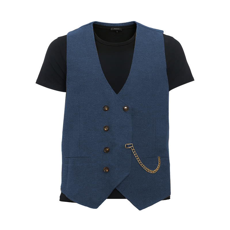 Men's British Retro Double Breasted Suit  Vest - Blue - 3XL - image 20