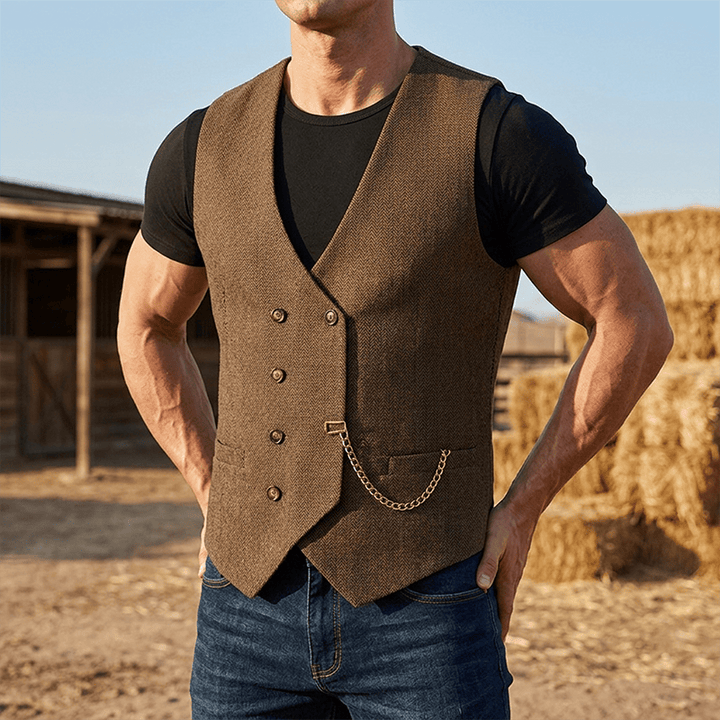 Men's British Retro Double Breasted Suit  Vest - Brown - 3XL - image 0