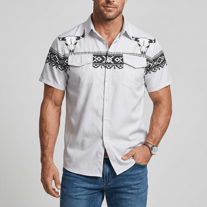 Men's Streetwear Aztec Western Tribal Bull Skull Print Shirt - image 1