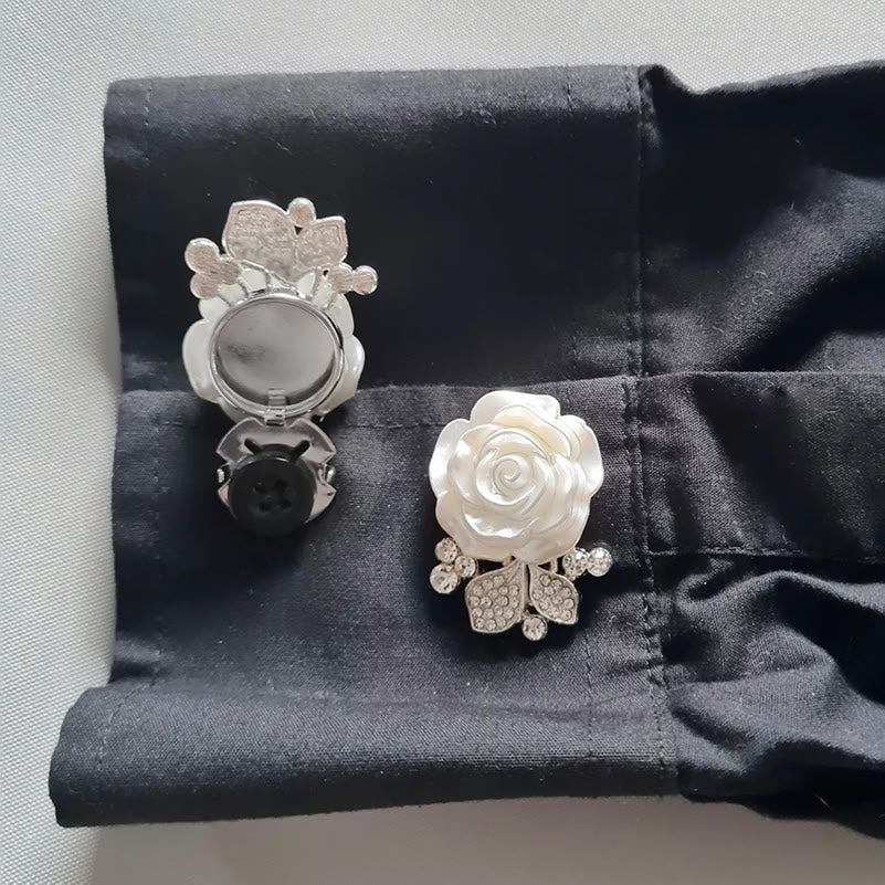 1 Pair Everlasting White Rose Snap-On Shirt Insect Button Covers - Style #1 / Silver - image 0