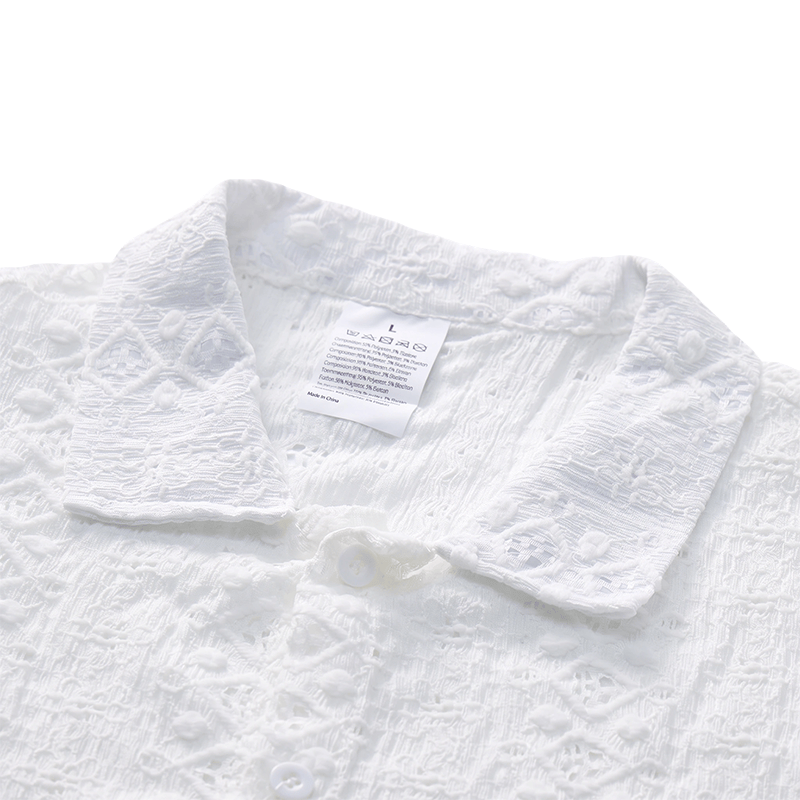 White Breathable Eyelet Embroidery Cuban Collar Cotton Shirt - image 4