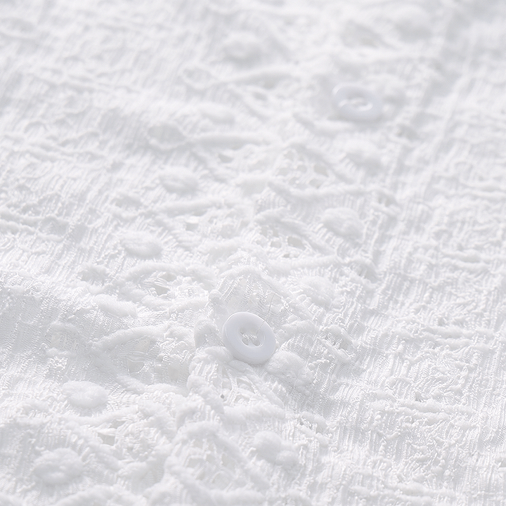 White Breathable Eyelet Embroidery Cuban Collar Cotton Shirt - image 5