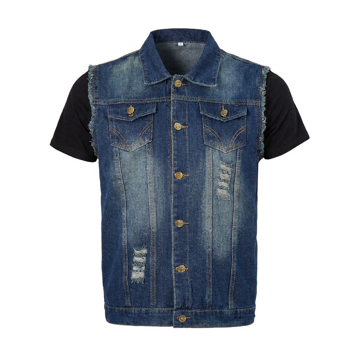 Vintage Washed Frayed Hem Trucker Denim Vest - image 9