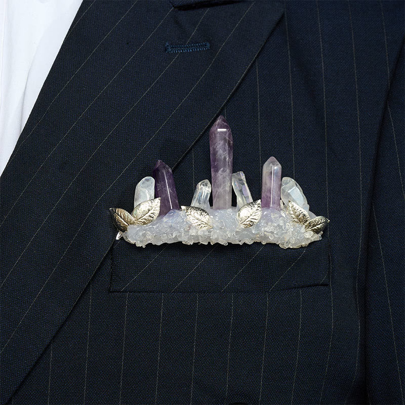 Handcrafted Natural Crystal Crown Pocket Square Brooch - Dark Purple - image 14