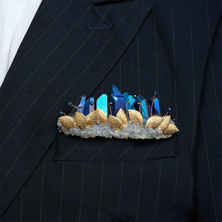 Handcrafted Natural Crystal Crown Pocket Square Brooch - Blue & Gold - image 4