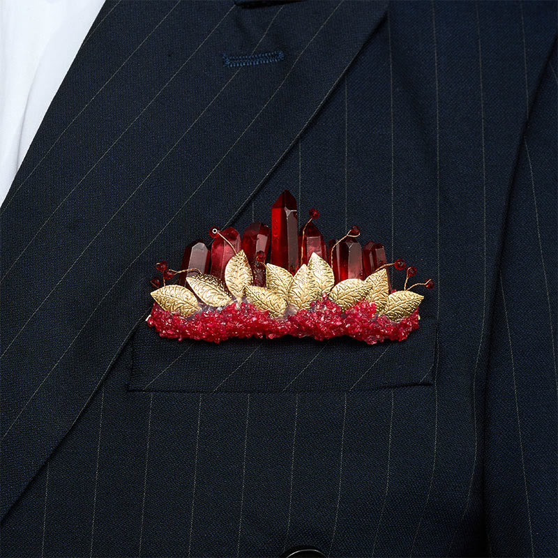 Handcrafted Natural Crystal Crown Pocket Square Brooch - Red & Gold - image 10