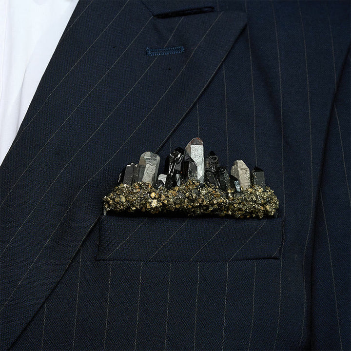 Handcrafted Natural Crystal Crown Pocket Square Brooch - Black - image 16