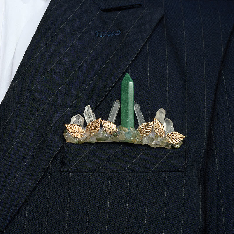 Handcrafted Natural Crystal Crown Pocket Square Brooch - Green & Gold - image 12