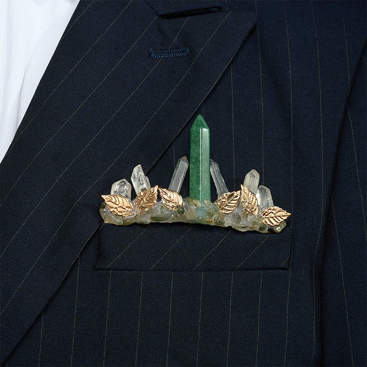 Handcrafted Natural Crystal Crown Pocket Square Brooch - Green & Gold - image 12