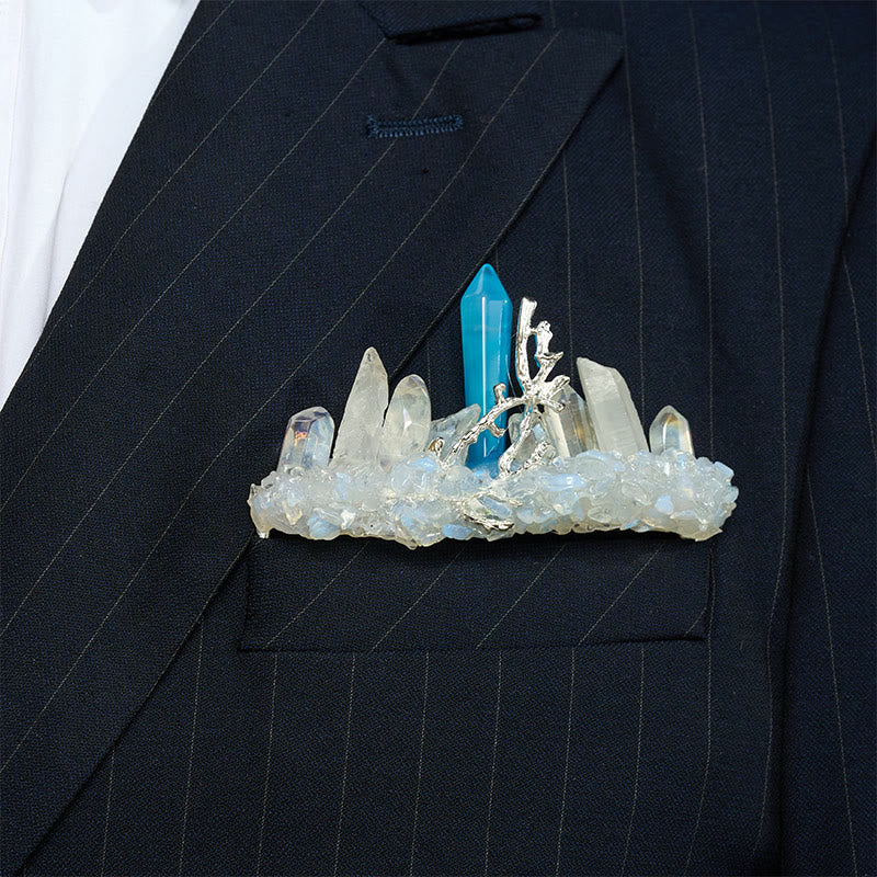 Handcrafted Natural Crystal Crown Pocket Square Brooch - Blue & White - image 24