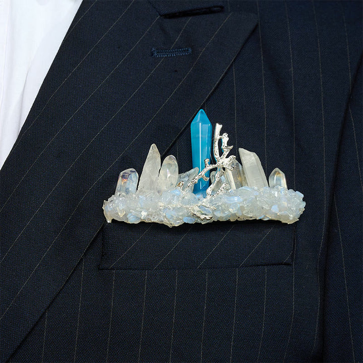 Handcrafted Natural Crystal Crown Pocket Square Brooch - Blue & White - image 24