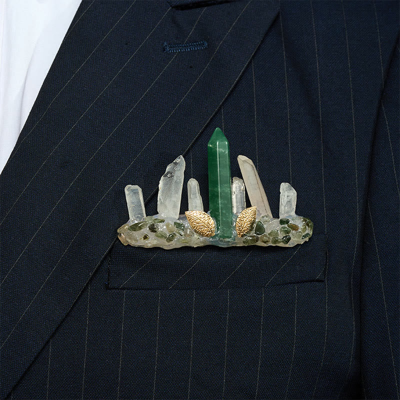 Handcrafted Natural Crystal Crown Pocket Square Brooch - Green & White - image 22