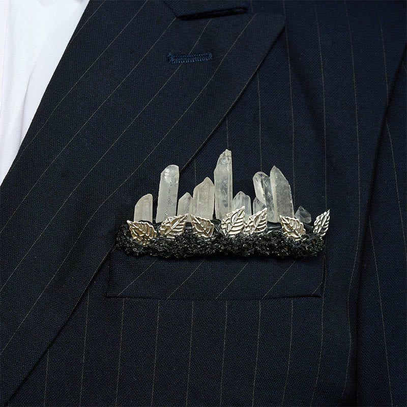 Handcrafted Natural Crystal Crown Pocket Square Brooch - White & Silver - image 26