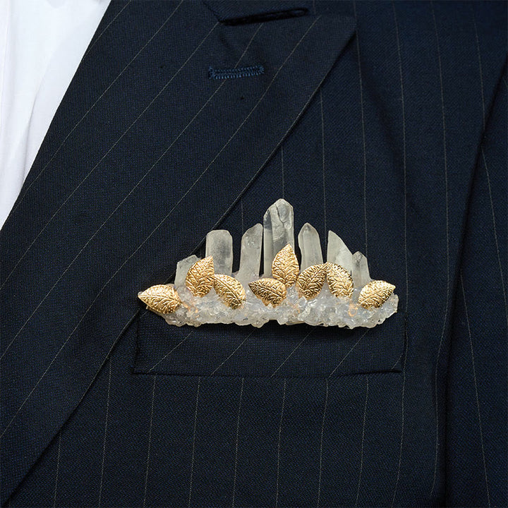 Handcrafted Natural Crystal Crown Pocket Square Brooch - White & Gold - image 8