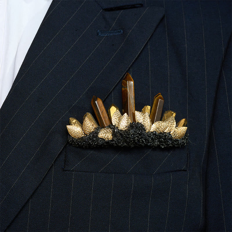 Handcrafted Natural Crystal Crown Pocket Square Brooch - Brown & Gold - image 0