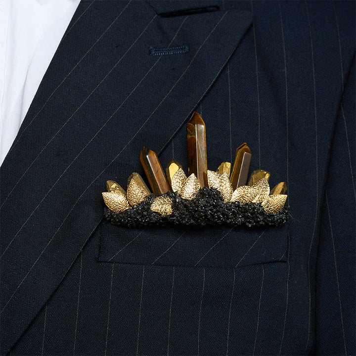 Handcrafted Natural Crystal Crown Pocket Square Brooch - Brown & Gold - image 0
