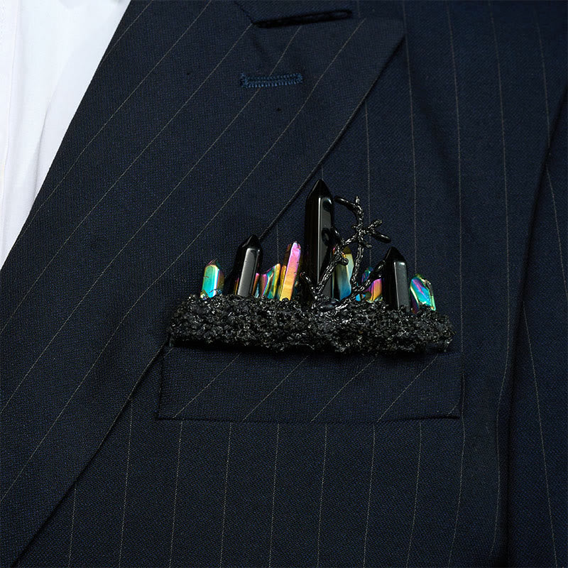 Handcrafted Natural Crystal Crown Pocket Square Brooch - Black & Multi-Color - image 20