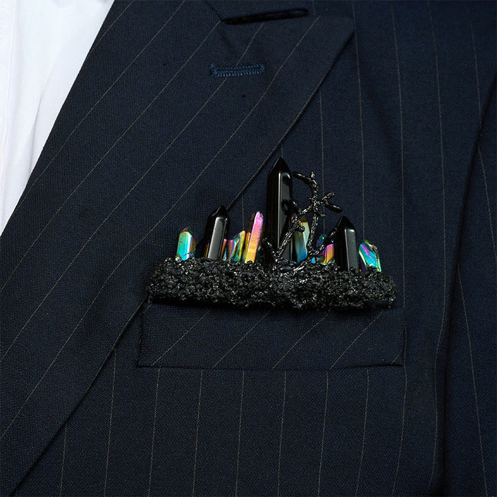 Handcrafted Natural Crystal Crown Pocket Square Brooch - Black & Multi-Color - image 20