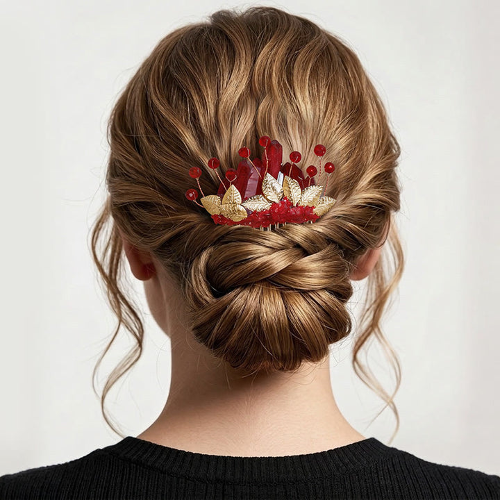 Women's Enchanted Real Crystal Leaf Detailed Hair Comb - Red - image 0