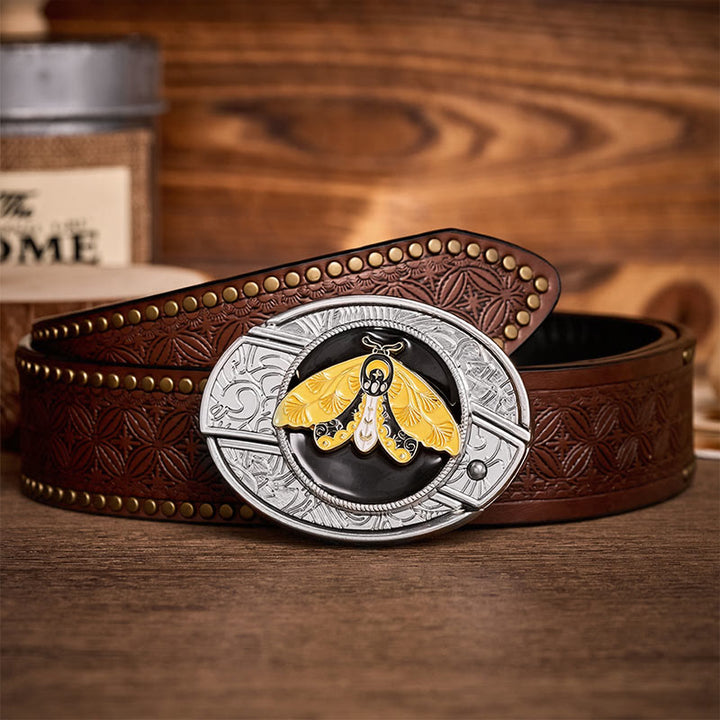 Yellow Moth Enamel DIY Hidden Folding Knife Buckle Leather Belt - Yellow Moth - Brown Rivet Belt - 42 - image 4