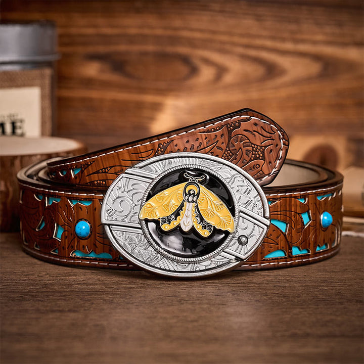 Yellow Moth Enamel DIY Hidden Folding Knife Buckle Leather Belt - Yellow Moth - Turquoise Carved Belt - 42 - image 3