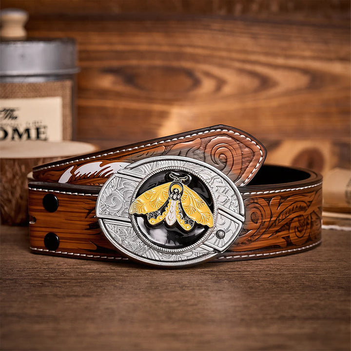 Yellow Moth Enamel DIY Hidden Folding Knife Buckle Leather Belt - Yellow Moth - Brown Feather Belt - 40 - image 7