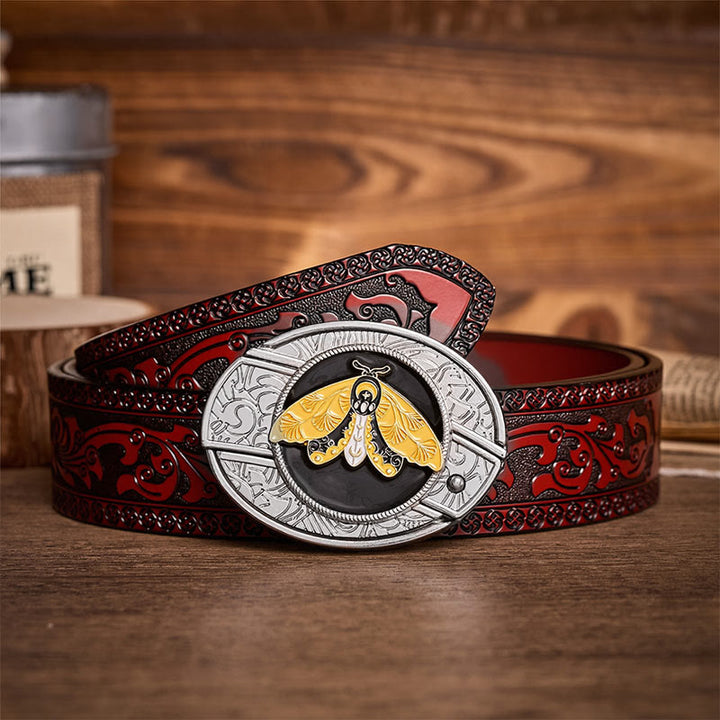 Yellow Moth Enamel DIY Hidden Folding Knife Buckle Leather Belt - Yellow Moth - Brown Carved Belt - 42 - image 6