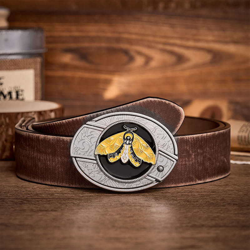 Yellow Moth Enamel DIY Hidden Folding Knife Buckle Leather Belt - Yellow Moth - Brown Distressed Belt - 42 - image 5