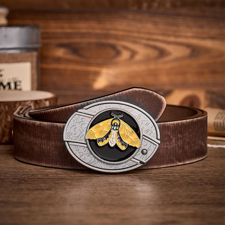 Yellow Moth Enamel DIY Hidden Folding Knife Buckle Leather Belt - Yellow Moth - Brown Distressed Belt - 42 - image 5
