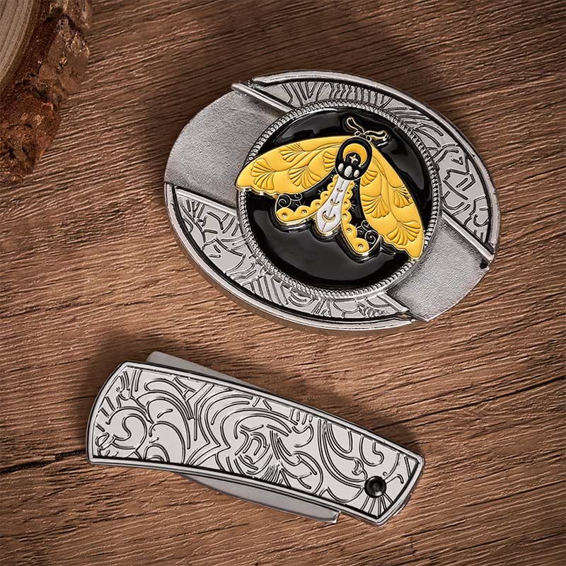 Yellow Moth Enamel DIY Hidden Folding Knife Buckle Leather Belt - image 10